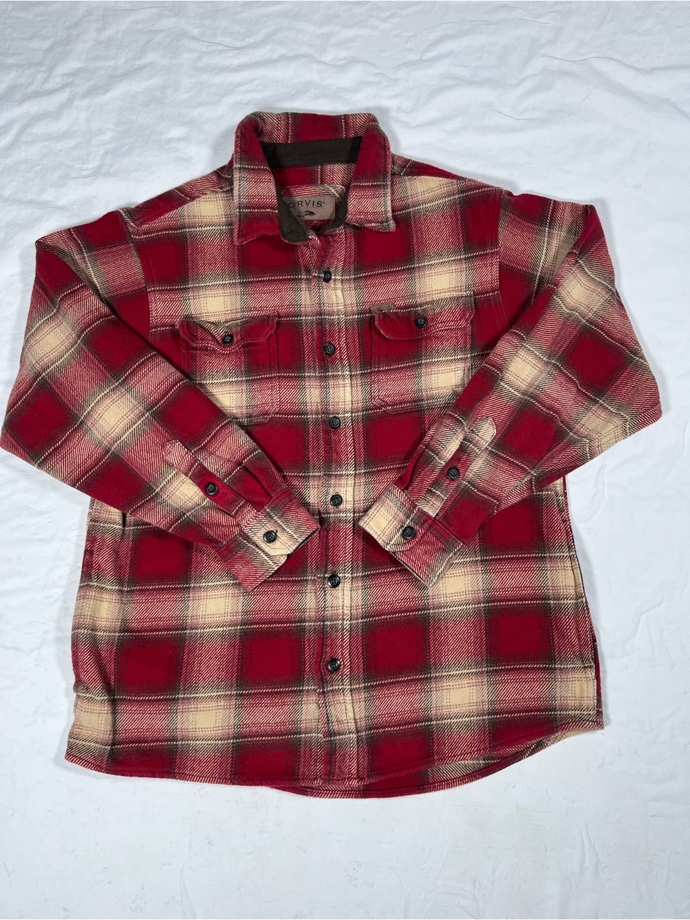 Orvis Red and Cream Plaid Flannel Shirt Jacket Mens Large 100% Cotton